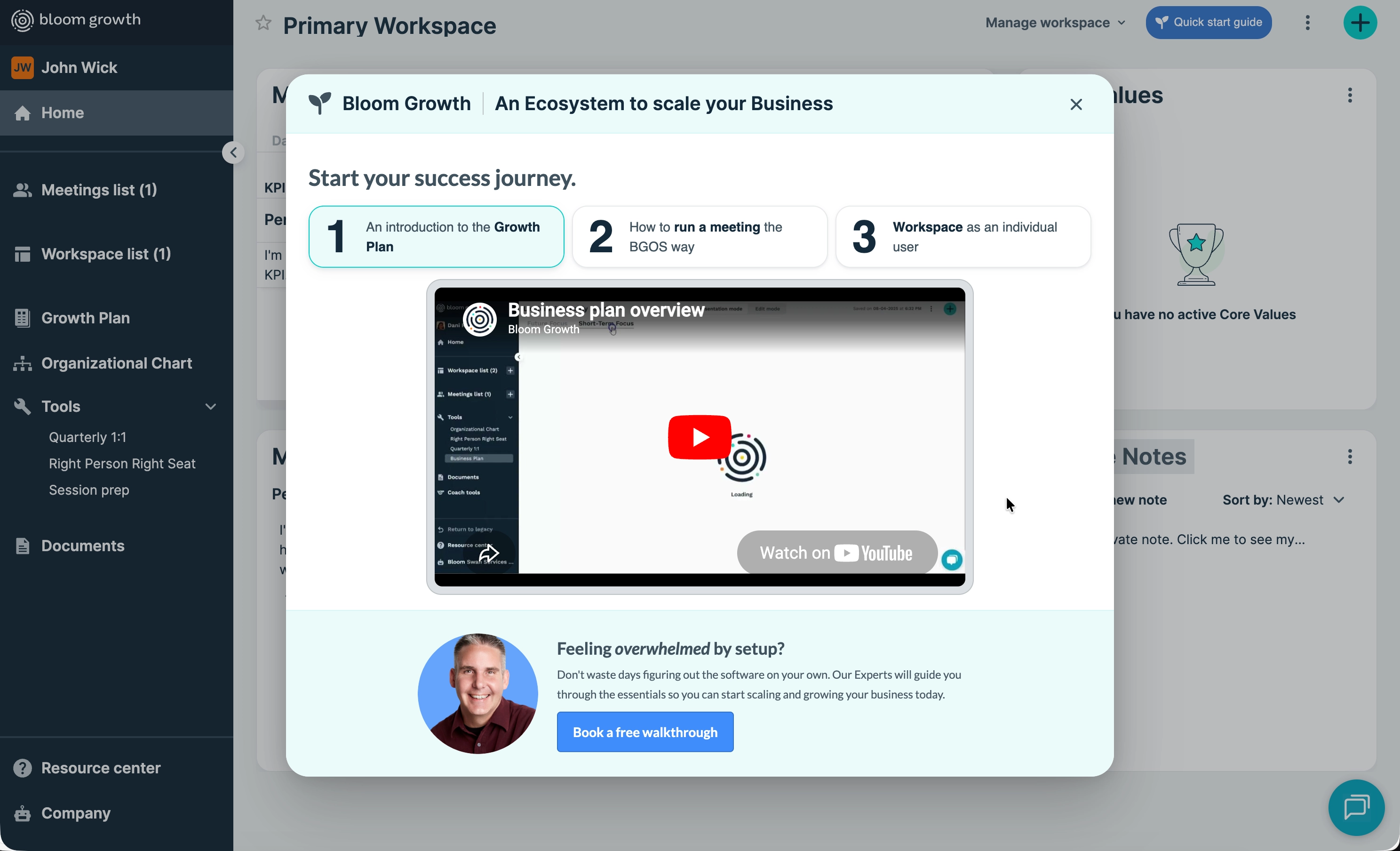 Bloom Growth onboarding modal inside the primary workspace